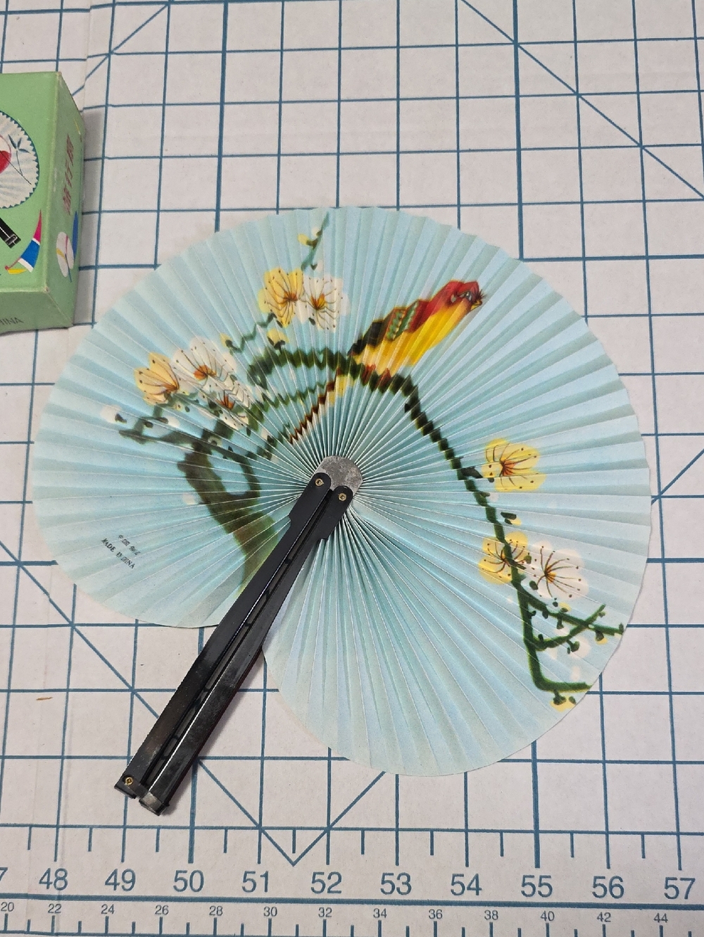 Chinese Paper Folding Hand Fan W/Metal Handle, VTG Mid-Century, #57